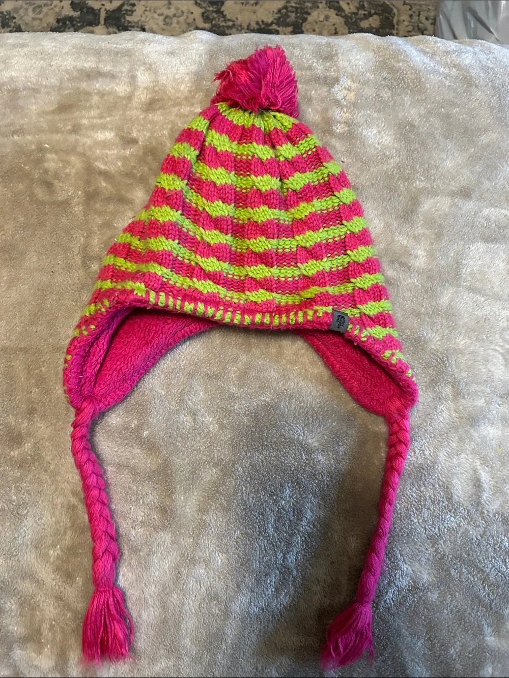 The North Face Pink and Lime Striped Pom-Pom Earflap Hat